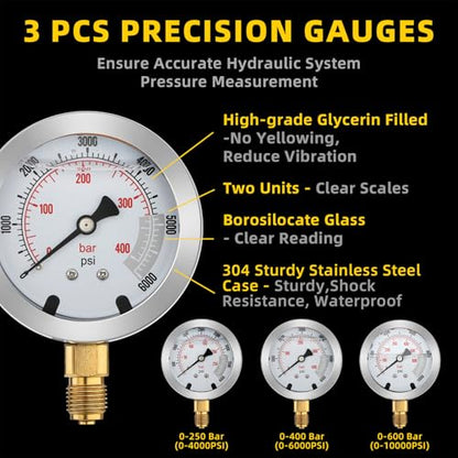 Hydraulic Pressure Test Kit, 250/400/600bar, 3 Gauges 9 Test Couplings 3 Test Hoses, Hydraulic Gauge Test Kit for CAT, Komatsu, Hitachi, Kobelco Excavators & Loaders - style: 3 Gauges 9 Couplings