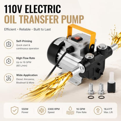110V AC 16GPM 60L/min Oil Transfer Pump, Electric Self-priming Oil Pump, Fluid Extractor Pump for Diesel, Electric Fluid Pump, Kerosene, Biodiesel