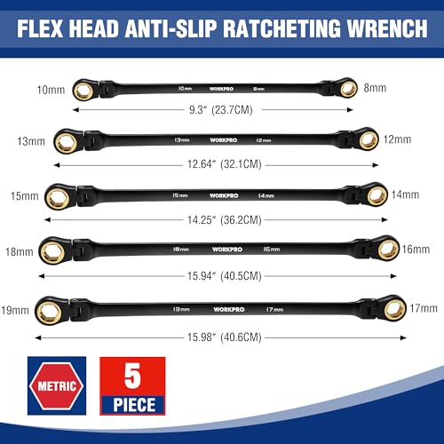 WORKPRO Extra Long Flex-Head Ratcheting Wrench Set, 5-piece Anti-Slip Double Box Wrenches Set, Metric 8-19 mm, 72-Teeth, Cr-V Steel and Black Electrophoretic Coating Wrenches with Rolling Pouch - size: Metric