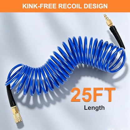PU Recoil Air Hose, 1/4" NPT Polyurethane Coiled Air Compressor Hose with Quick Coupler & Bend Restrictors, Flexible Retractable Spring Air Line for Pneumatic Tools, Garage, Workshop 25'' Blue