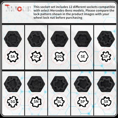 12PCS Wheel Locking Nut Key Kit Compatible with Mercedes Benz | Wheel Lock Nut Socket Adapter Set, Anti-Theft Lug Removal Tool, Anti-Theft Screw Remover, Repair Tool, Tyre Fitting, garage