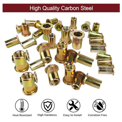 M6 Rivnut Rivet Nut Kit - Napia 100pcs M6 Rivet Nuts Rivnuts Tool Kit, Carbon Steel Flat Head Hardware Nuts Threaded Inserts for Metal