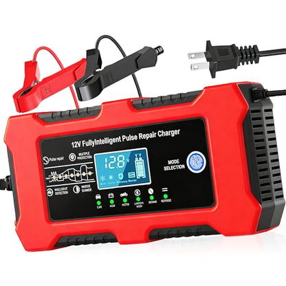 12V 10A Car Battery Charger, Smart Trickle Charger, Automotive Battery Charger with Temperature Compensation/Desulfator Maintainer for Car、Motorcycles、Lawnmowers、Trucks