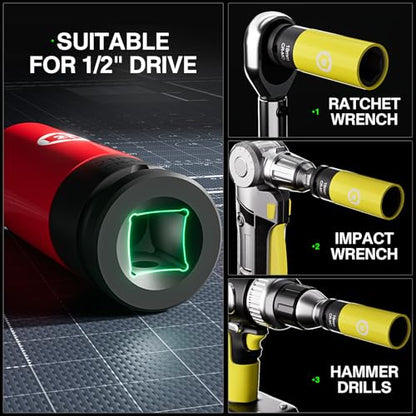 5PCS 1/2" Drive Impact Lug Nut Socket Set, 15 17 19 21 22 MM | Impact Wheel Socket Kit, Thin Wall Non-Marring Deep Socket with Protective Sleeves, Color-Coded Sleeves, CR-MO Steel - size: Metric