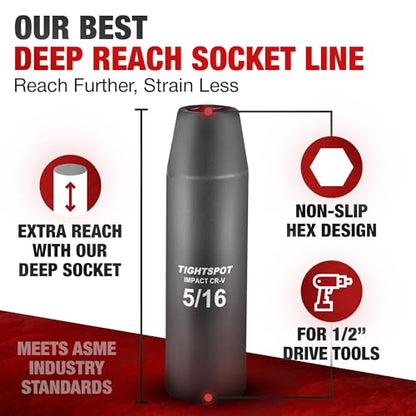 TIGHTSPOT 1/2" Dr 5/16 Inch Deep Socket, Anti-Round 6-Pt, CRV Steel - size: 1/2” Drive 5/16” Deep Impact Socket - 6pt, style: 1/2" Drive Deep Socket