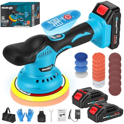 Cordless Car Buffer Polisher Kit with 2x2000mAh 21V Batteries and 28PCS Kit | 8-Speed 6000RPM, 9mm Dual Action Orbit, 150mm Base Plate, Brushless Motor, LED Display, for Waxing/Polishing/Scratch Removal