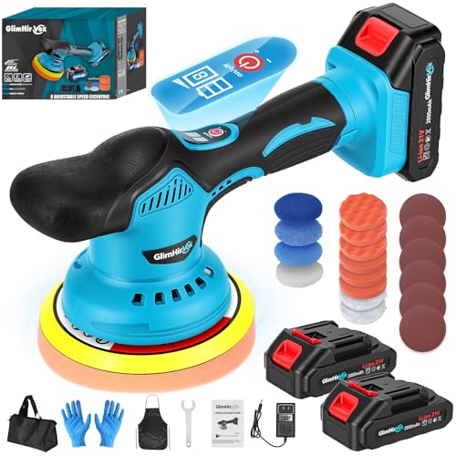 Cordless Car Buffer Polisher Kit with 2x2000mAh 21V Batteries and 28PCS Kit | 8-Speed 6000RPM, 9mm Dual Action Orbit, 150mm Base Plate, Brushless Motor, LED Display, for Waxing/Polishing/Scratch Removal