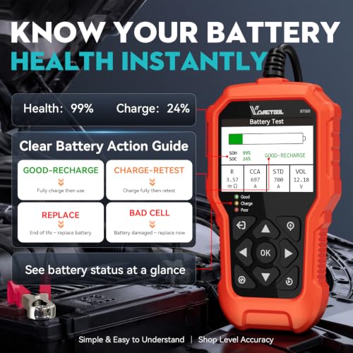 Car Battery Tester 6V 12V 24V VDIAGTOOL BT500, 5-3000 CCA Battery Load Tester, Starter Alternator Tester Automotive Charging Cranking System Analyzer for Car Truck Motorcycle SUV ATV Boat