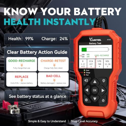 Car Battery Tester 6V 12V 24V VDIAGTOOL BT500, 5-3000 CCA Battery Load Tester, Starter Alternator Tester Automotive Charging Cranking System Analyzer for Car Truck Motorcycle SUV ATV Boat