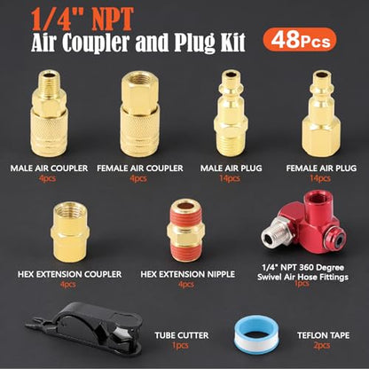 1/4" NPT Air Coupler and Plug Kit,48-Piece Industrial Quick Connect Fittings Set for Air Compressor Accessories and Air Hose - color: 48Pcs