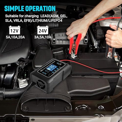 Battery Charger 0-20A 12V and 24V Lithium, LiFePo4, Lead Acid (AGM/Gel/SLA), Smart Car Battery Charger and Maintainer, Trickle Charger with Pulse Repair for Car, Boat, Marine, deep Cycle