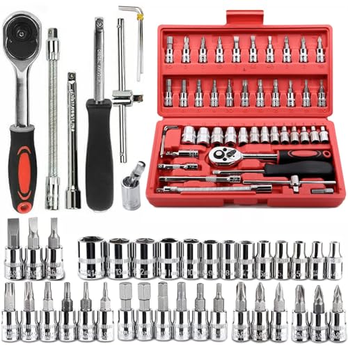 46 Pieces 1/4 in. Drive Ratchet Socket Wrench Set with Quick-Release Ratchet,Includes Metric Bit Sockets and Extension Bar for Car Repair and Home Maintenance - size: Full Size