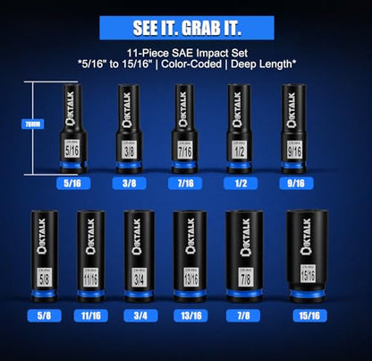 11PCS 1/2“ Drive Impact Deep Socket Set SAE (5/16″-15/16″) 6-Point CR-MO | Deep Well Socket Set for Impact Wrench, Heavy Duty Automotive & Machinery Repair - size: 11PCS SAE