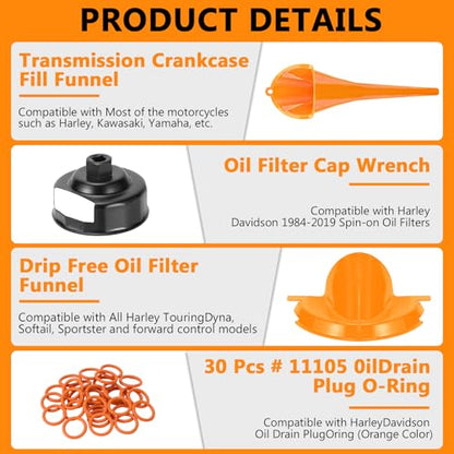 Oil Change Kit Compatible with Harley-Davidson, Complete Motorcycle Oil Change Tool Set with Filter Cap Wrench, Fill Tools & 30Pcs O-Rings