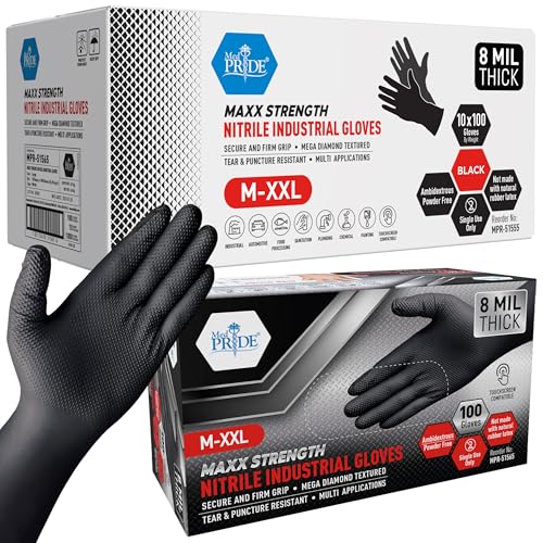 MED PRIDE Maxx Strength Nitrile Industrial Black, 8 Mil Thick - Diamond Texture Disposable Heavy-Duty, Tear-Resistant - size: Medium