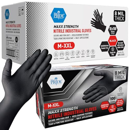 MED PRIDE Maxx Strength Nitrile Industrial Black, 8 Mil Thick - Diamond Texture Disposable Heavy-Duty, Tear-Resistant - size: XX-Large
