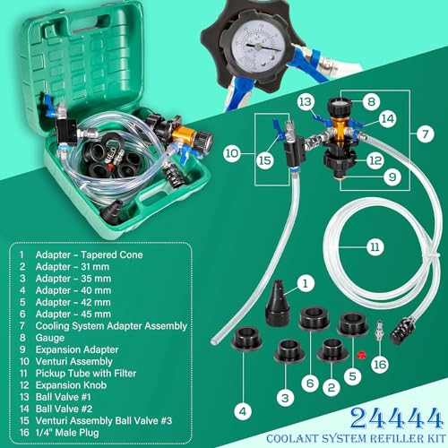 24444 Coolant System Refiller Kit, 5 Adapters, Eliminate Trapped Air, Test Radiator and Heating Core Lines for Leaks, Vacuum Fill Coolant Tool