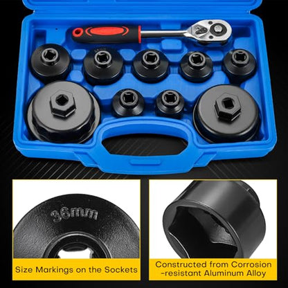 10PCS Metric Oil Filter Wrench Set | 3/8" Drive Metric Oil Filter Cap Wrench Removal Tool Kit for Oil Filter Removal, Compatible with Toyota, BMW, Mercedes, VW