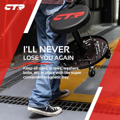 CTR Rolling Mechanic Shop Stool with Magnetic Tray, Heavy Duty Garage Stool