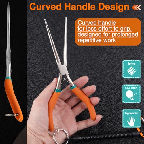 SPEEDWOX 7-Inch Long Reach Needle Nose Pliers with Teeth, Curved Handle | Extra Long Nose, Precision Wire Looping, Needle Remover, For Hard to Reach Narrow Spaces, Jewelry Making Tools - style: Curved Handle