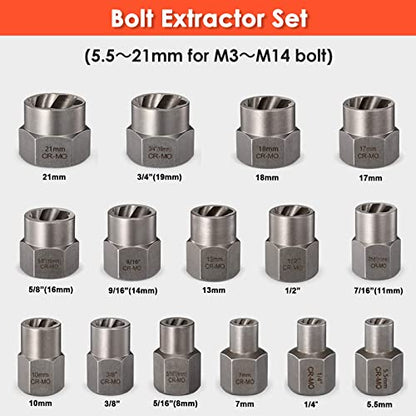 39-Piece Damaged Screw Extractor Set with 3/8" Drive Bolt Extractor Kit | for Damaged, Rusted, Rounded-Off, Stripped Fasteners, 2-21mm, Cr-Mo Steel & HSS 6542, Reverse Spiral Flute, Storage Case