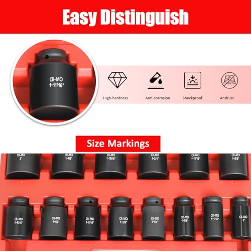 TONYNOL 1/2" Inch Drive Deep Impact Socket Set,6-Point,SAE Sizes(1“-2”),14 PCS,Cr-Mo Steel,Heavy Duty Impact Sockets for Automotive & Industrial Machinery,With a Storage Case - style: 1/2" Drive SAE Sizes(1"-2")