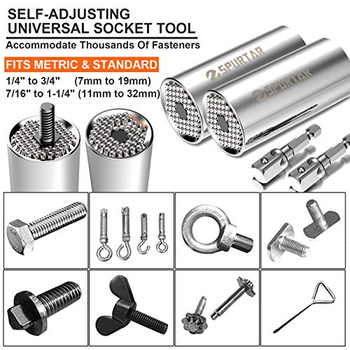 Spurtar 4Pcs Universal Socket Set (11-32mm 7-19mm) for Unscrew Any Bolt | Multi-Function Universal Socket Tool with 3/8" 1/2" Power Drill Adapters Birthday Gift for Dad, Husband, Man, Handyman