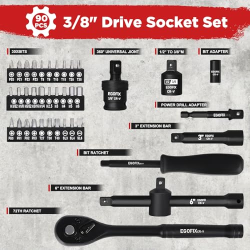 3/8" Drive Impact Socket Set, 90 Piece Metric Socket (6-22mm) and Standard SAE Size (5/16-15/16 inch) 6 Point, with 72-Teeth Ratchet Wrench, Mechanics Tool Kit for Automotive Repair - style: 3/8-90PCS