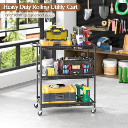 3 Tier Rolling Utility Kitchen Cart, Heavy Duty Wire Rolling Cart on Wheels, Commercial Metal Serving Carts with Handle, Kitchen Island Plant Shelf Food Storage Trolley for Laundry, Office, Garage - color: Black