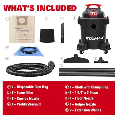 ECOMAX Wet Dry Vacuum 6 Gallon, 4 HP 85 CFM 3-in-1 Shop Vac with Suction/Blow/Wet Dry Function, Heavy-Duty Portable Poly Wet/Dry Vac Car Vacuum for Workshop, Jobsite, Garage and Home Cleaning