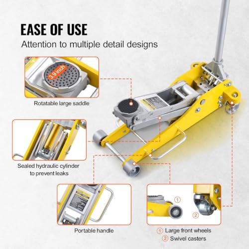 3 Ton Floor Jack Low Profile, Heavy Duty Aluminum Hydraulic Car Jack - 6600 lbs Capacity, Dual Piston Quick Lift, 3.7"-18.3" Height Range (Yellow)