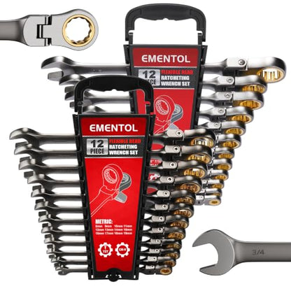 EMENTOL 24-Piece Flex Head Ratcheting Wrench Set, Metric & SAE Combination | 72 Tooth Cr-V Steel 180° Swivel Flexible Ratchet Wrench Kit for Auto, Machinery Repair & Household DIY Maintenance - size: Metric 8-19mm & SAE 1/4"-7/8"