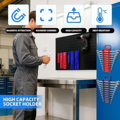 8-Piece Magnetic Socket Organizer and Wrench Organizer, Magnetic Socket Holder Set | Fits 1/4” 3/8” 1/2” Metric SAE for Tool Box Drawer, Can Holds 143 Sockets, Socket & Wrench Not Included