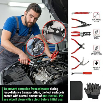 8 Pcs Automotive Electrical Disconnect Pliers Kit with Gloves | High-Carbon Steel Connector Separator, Hose Clamp & Trim Clip Removal Tools for Auto Repair,Automotive Repair Tool Kit