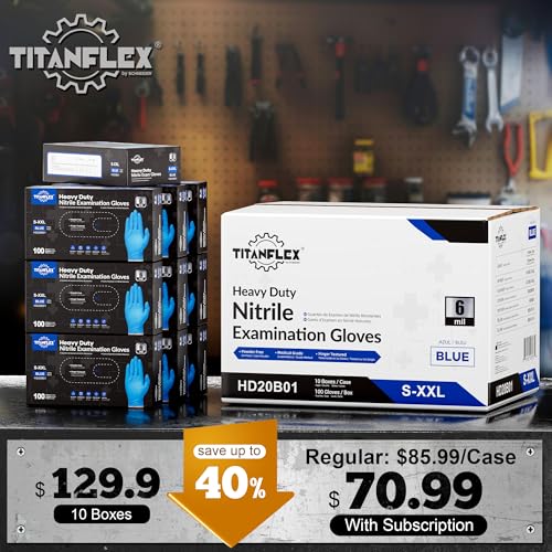 TitanFlex Nitrile Exam Gloves, Blue, 6-mil, Heavy Duty Nitrile Gloves, Mechanic Disposable Gloves, Latex Free, Powder Free - color: Blue(large 1000)