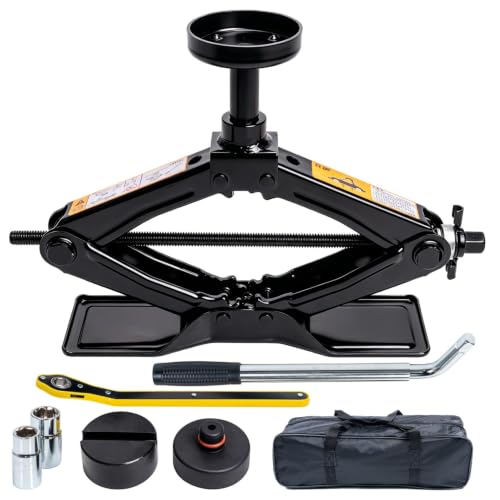 Scissor Jack 1.8 Ton Kit for Tesla Model 3 Y | Detachable extension column. Extra wide base. 2 rubber pads for Tesla + universal. Ratchet wrench. Storage bag included. - style: Changeable Head + Lug Wrench