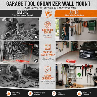 99" Heavy Duty Garage Tool Organizer Wall Mount, Steel Garage Storage Rack Holds up to 900 lbs with Adjustable Hooks, Wall Mounted Tool Organizer for Garage, Shed & Yard, 6 Panels, 13 Hooks & 2 Straps - size: 99"|6 Panels+13 Hooks+2 Straps