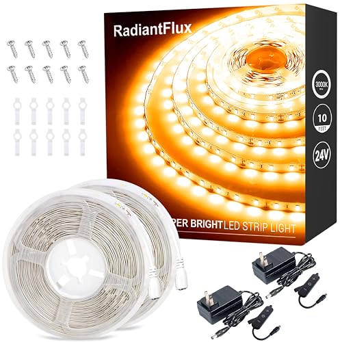 RadiantFlux Warm White LED Strip Lights, 2 Set 10ft 24V Flexible Lighting, Super Bright for Bedroom, Living Room, Kitchen, Cabinet, Vanity Mirror & Home Decor - color: Dimmable Warm White, size: 10FT-2sets