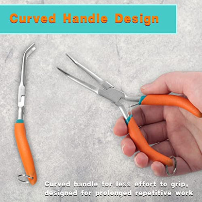 SPEEDWOX Long Needle Nose Pliers With Serrated Jaw Bent Needle Nose Pliers Fishing Pliers Hook Remover Needle Remover Pliers Fishing Tools With Anti-Loss Lanyard (Curved Tips, Curved Handle) - style: Curved Tips&Curved Handle