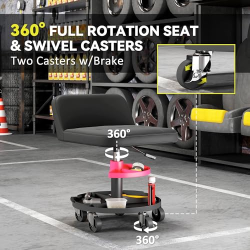 HOMCOM Rolling Mechanic Stool, 300 LBS Capacity Pneumatic Creeper Garage Stool with 360° Wheels, Backrest, Heavy Duty Roller Seat Padded Shop Chair with Tool Tray Storage, Adjustable Height, Black