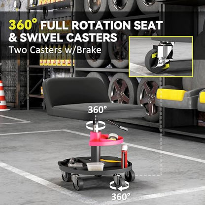 HOMCOM Rolling Mechanic Stool, 300 LBS Capacity Pneumatic Creeper Garage Stool with 360° Wheels, Backrest, Heavy Duty Roller Seat Padded Shop Chair with Tool Tray Storage, Adjustable Height, Black