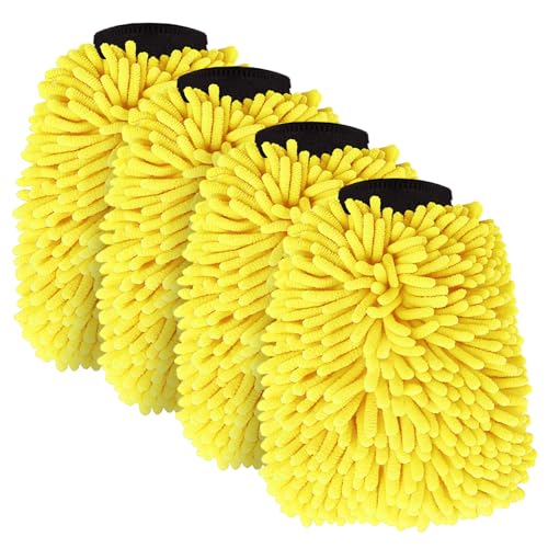 Car Wash Mitt Microfiber, Premium Chenille Microfiber Wash Car Mitts Sponge Scratch Free & Lint-Free, Mitts Waterproof Lining 4 Pack Yellow (8''X12'') - size: XCST_8X12IN_YE_4PCS
