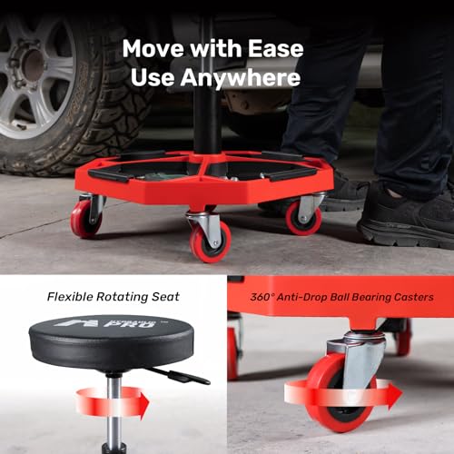 Rolling Mechanic Stool, 300 LBS Adjustable Garage Shop Seat with Tool Trays | Pneumatic Height Adjust, Cushioned Seat, 4-compartment trays, 360° Casters, for Garage, Workshop, Auto Repair, Detailing