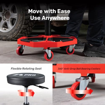 Rolling Mechanic Stool, 300 LBS Adjustable Garage Shop Seat with Tool Trays | Pneumatic Height Adjust, Cushioned Seat, 4-compartment trays, 360° Casters, for Garage, Workshop, Auto Repair, Detailing