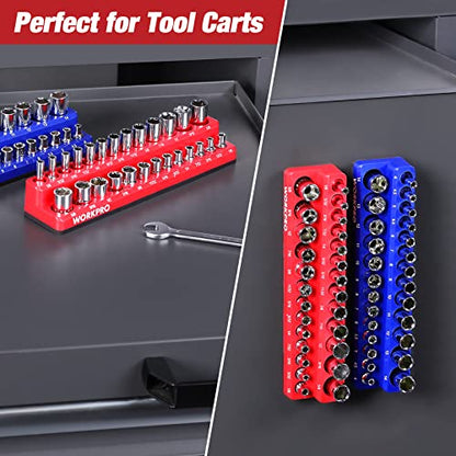 WORKPRO 1/4-inch Magnetic Socket Organizer Set, 2-Piece SAE & Metric Socket Holders, Holds 52 Standard and Deep Sockets for Tool Box, Tool Carts (Sockets Not Included) - size: 1/4" SAE&Metric