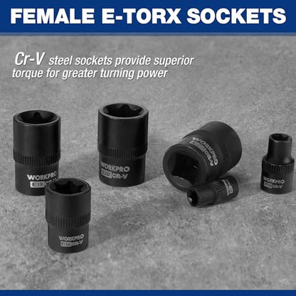 WORKPRO 25-Piece Torx Bit Socket Set, 1/4", 3/8", 1/2" Drive, E4-E22, T8-T60 Female & Torx Socket Set, CR-V & S2 Alloy Steel - style: 25-piece torx bit socket and E - socket set