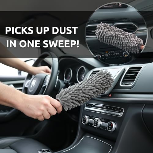 TAKAVU Car Duster Interior, 360° Microfiber Fingers, Lint & Scratch Free | Unbreakable Comfort Handle Duster, Includes Microfiber Towel, Lint-Free & Safe for Car & Home Interior, Gray - size: Microfiber Chenille