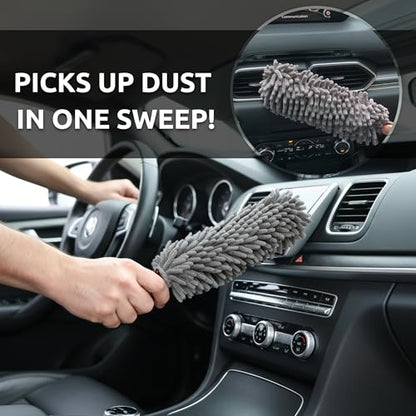 TAKAVU Car Duster Interior, 360° Microfiber Fingers, Lint & Scratch Free | Unbreakable Comfort Handle Duster, Includes Microfiber Towel, Lint-Free & Safe for Car & Home Interior, Gray - size: Microfiber Chenille
