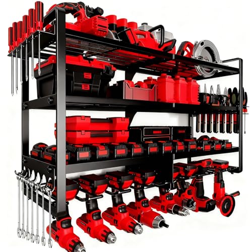Large Power Tool Organizer Wall Mount, 4 Layer Heavy Duty 8 Cordless Drill Holder Tool Storage Rack, Load 400lbs Utility Power Tool Rack for Garage,Workbench,Workshop,Gifts for Men - color: Without Charging Station, size: 4-Tiers,8 Slots