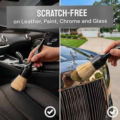 Car Detailing Brush Set, 3 Pack Interior and Exterior Detail Brushes, with Soft Boars Hair Bristles for Auto Interior & Exterior - for Cleaning Leather Seats, Air Vents, Wheels & Emblems
